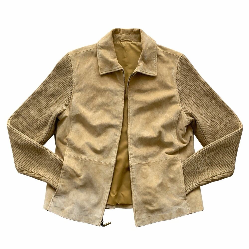 Tabio Women’s Genuine Suede Leather Jacket Knit Sleeves Tan Size Large
